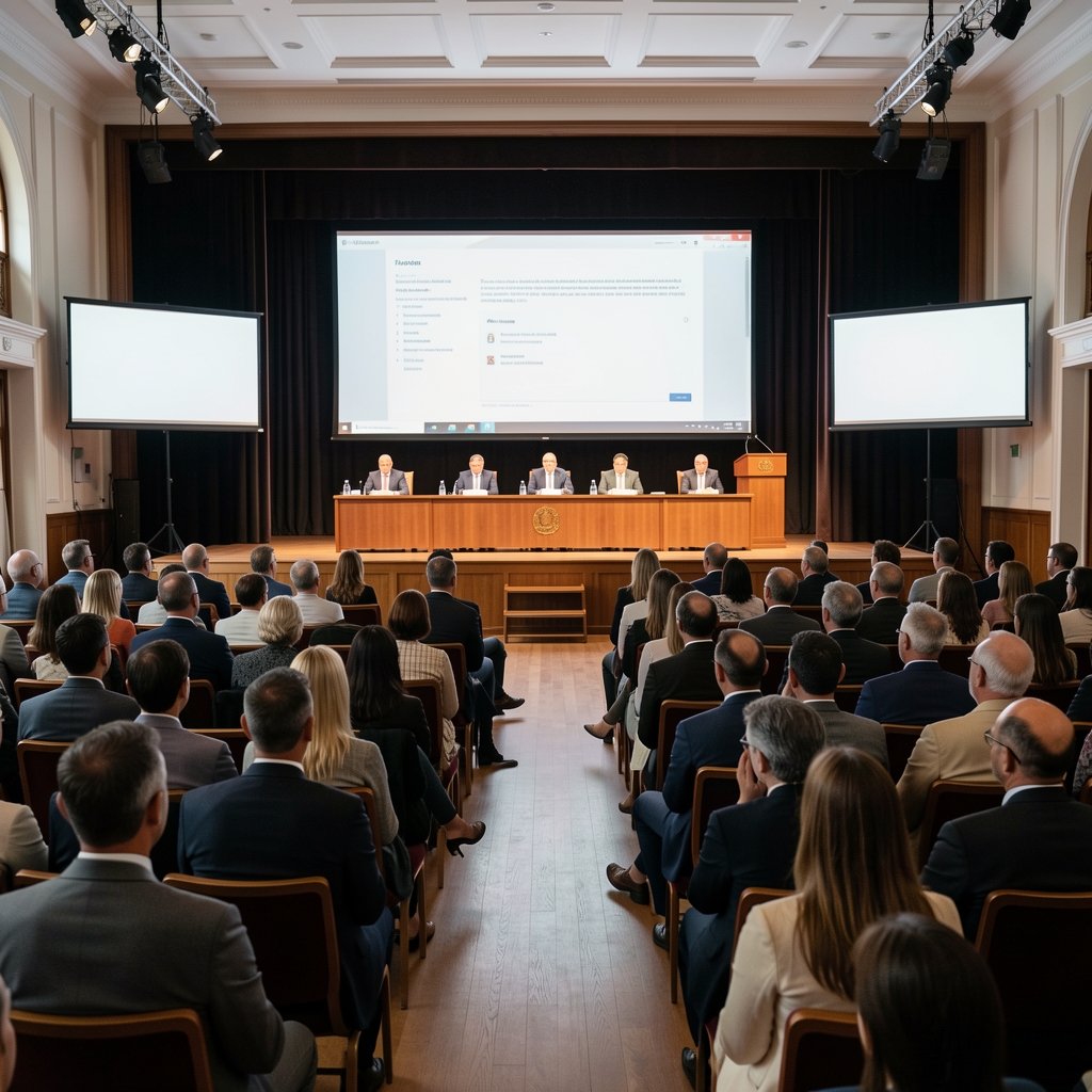 Medijska konferencija s govornikom na pozornici i publikom u sali, profesionalni medijski događaj