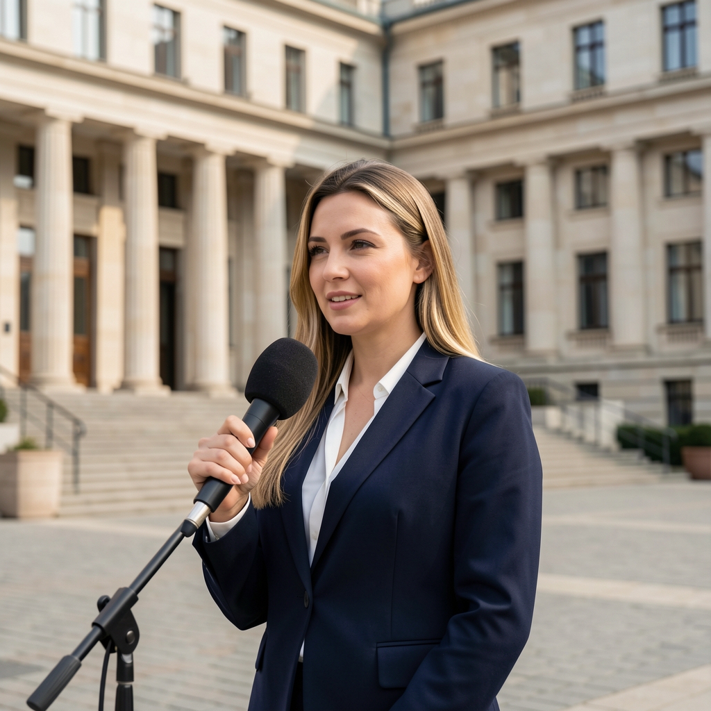 Novinarka s mikrofonom ispred državne institucije, profesionalna reporterska oprema