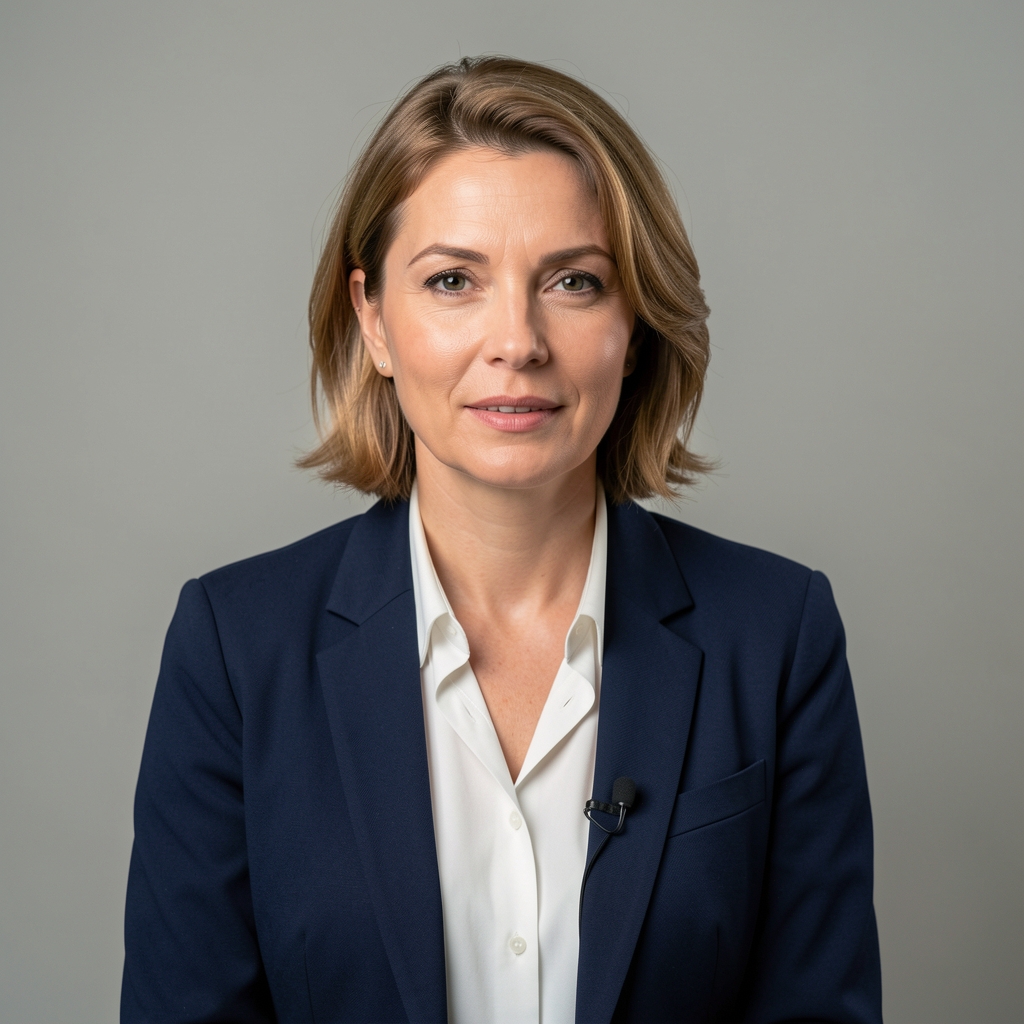 Ivana Petrović, urednica HRT informativnog programa, u razgovoru u studijskom okruženju, profesionalna odjeća, neutralna pozadina